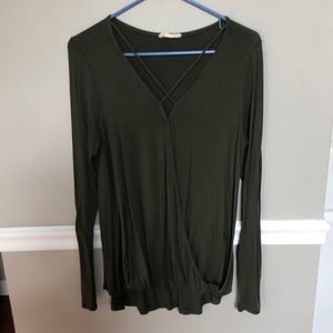 Long Sleeve Olive Green V-neck Top
